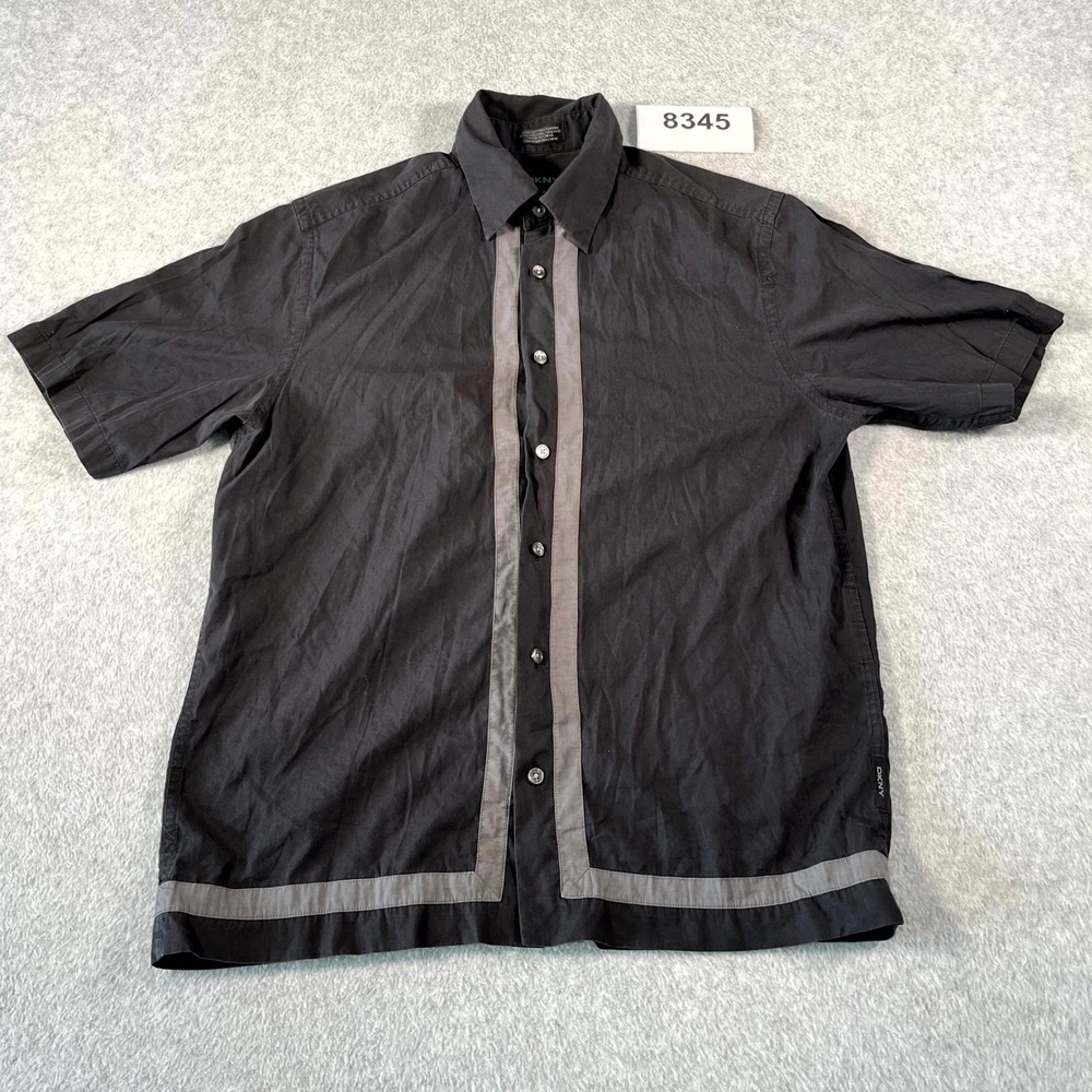 DKNY Shirt Mens Small Black Gray Cotton Collared Button Up Short Sleeve Casual